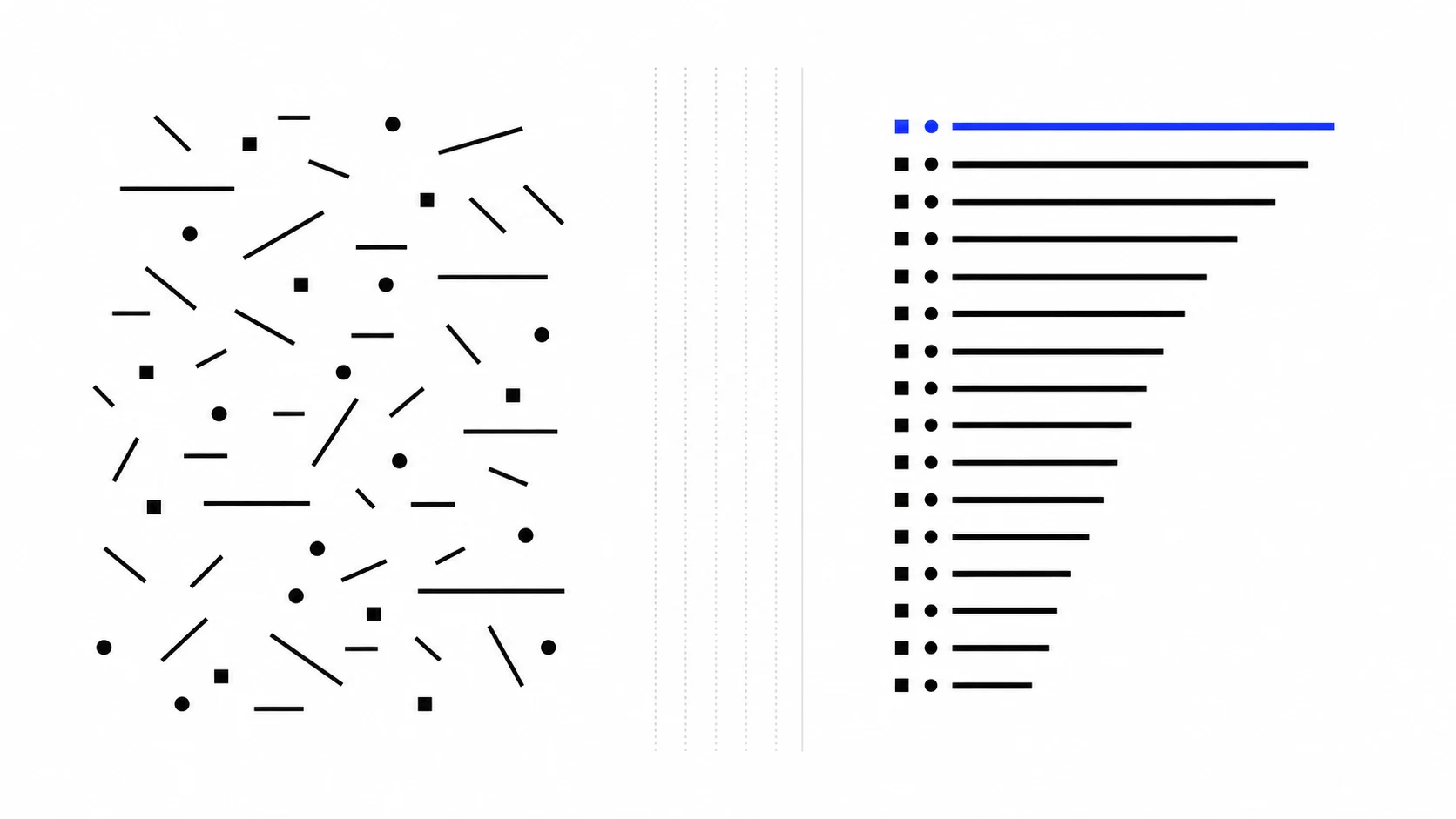 Scattered unsorted marks on the left resolving into a clean ranked stack on the right, with the top row picked out in blue.
