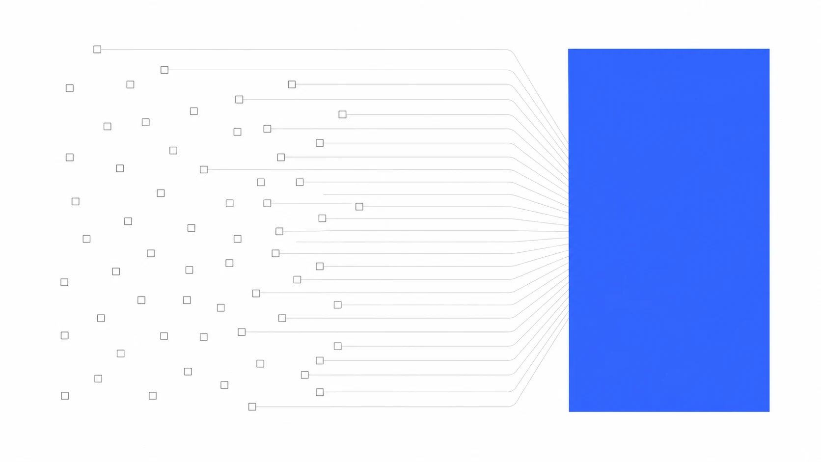 Fifty trivially small scattered marks stacking rightward into one single large solid block.